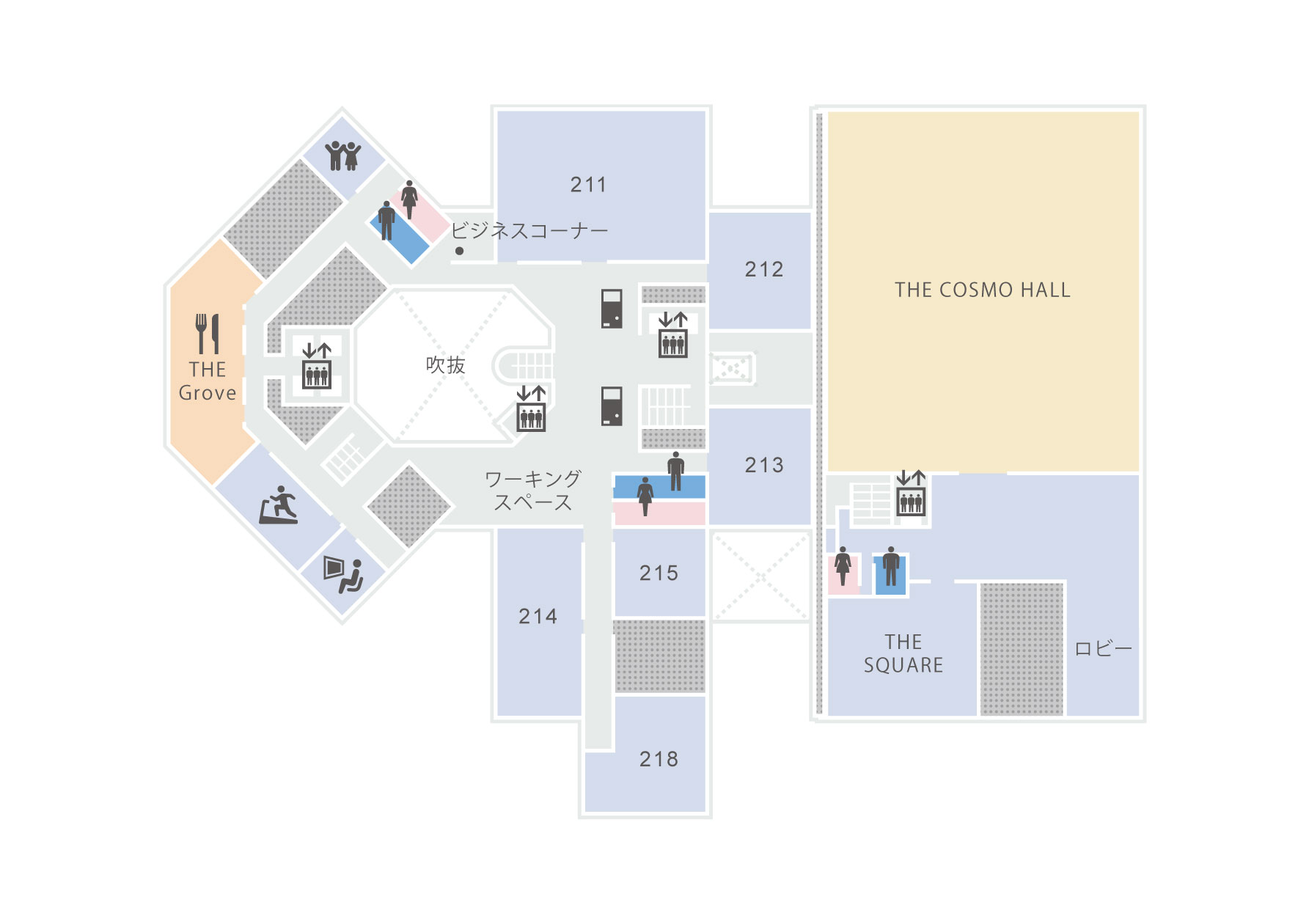208 ビジネスコーナー 211 212 THE COSMO HALL THE CAMP 吹抜 202 201 ワーキングスペース 213 214 215 216 217 THE SQUARE ロビー